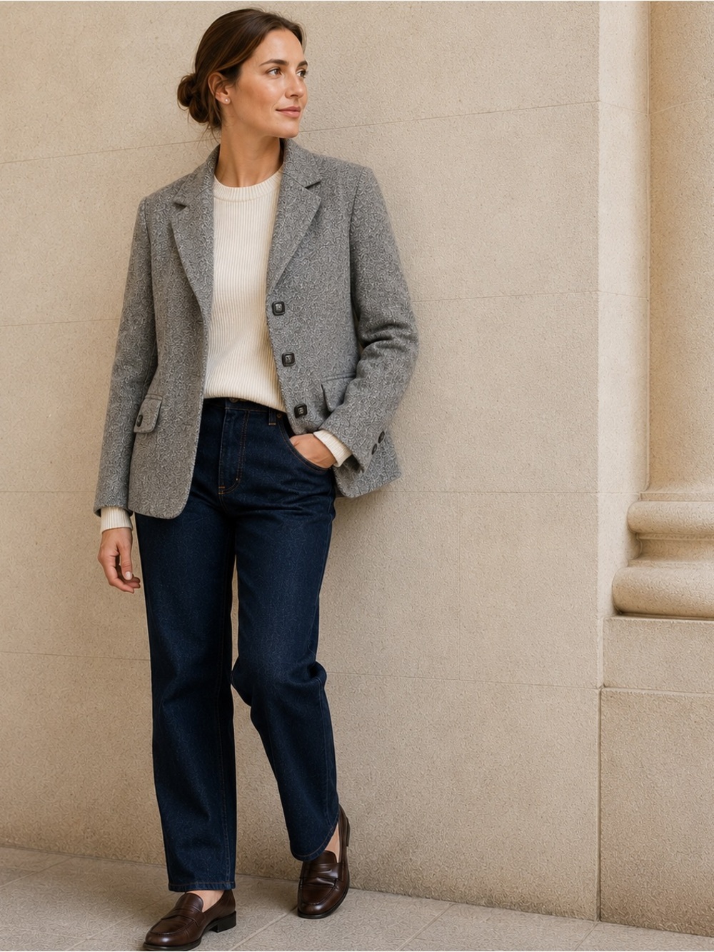 Vintage Y2K L.L.Bean Wool Silk Tweed Blazer L Petite Gray Tailored Academia